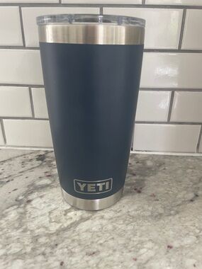 Yeti Navy Blue Insulated Tumbler with Stainless Trim. women of ford on front.